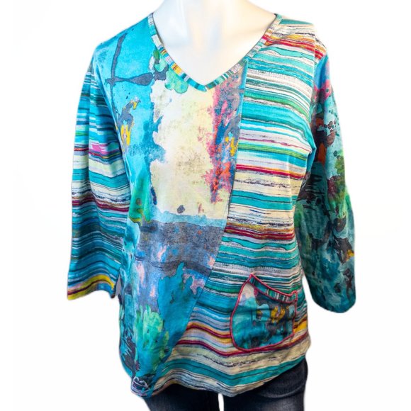 Parsley & Sage Size Small Top Blue Yellow Vibrant Abstract Print Artsy V Neck - Picture 2 of 11